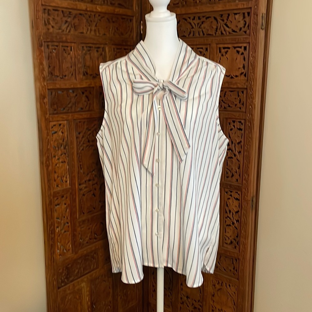 XL Paraphrase Blouse White with Red & Blue Pinstripes